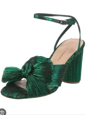 Loeffler Randall Camellia Emerald Green Pleated Bow Heels Size 7B Metallic Sling